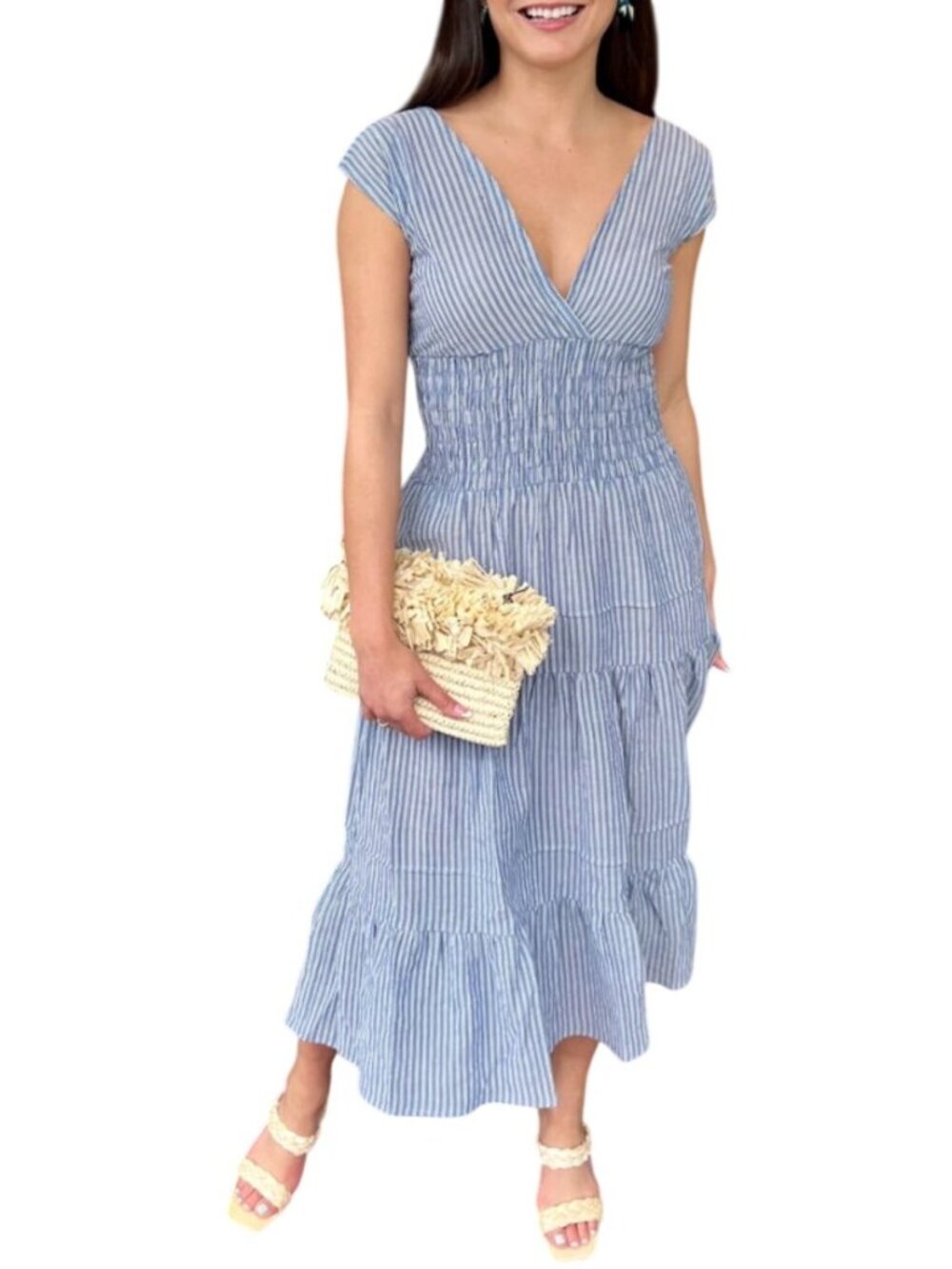 Felicitie Smocked Cotton Dress - Blue Stripe - Size S